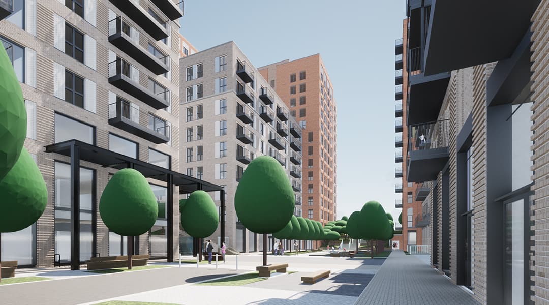 Street view rendering of The Eight Gardens of Watford project from A&Q Partnership