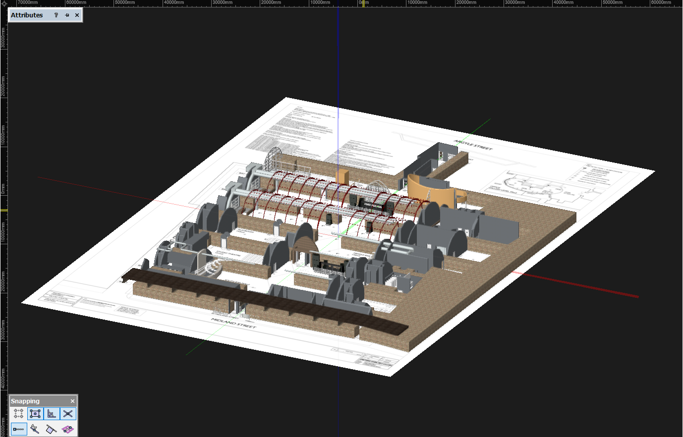 A side view of the virtual club model in Vectorworks, showing the club model on top of the floor plan.