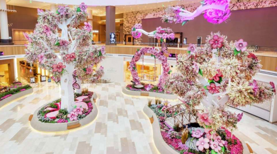 A side view of the cherry blossom themed display at the MGM National Harbor.