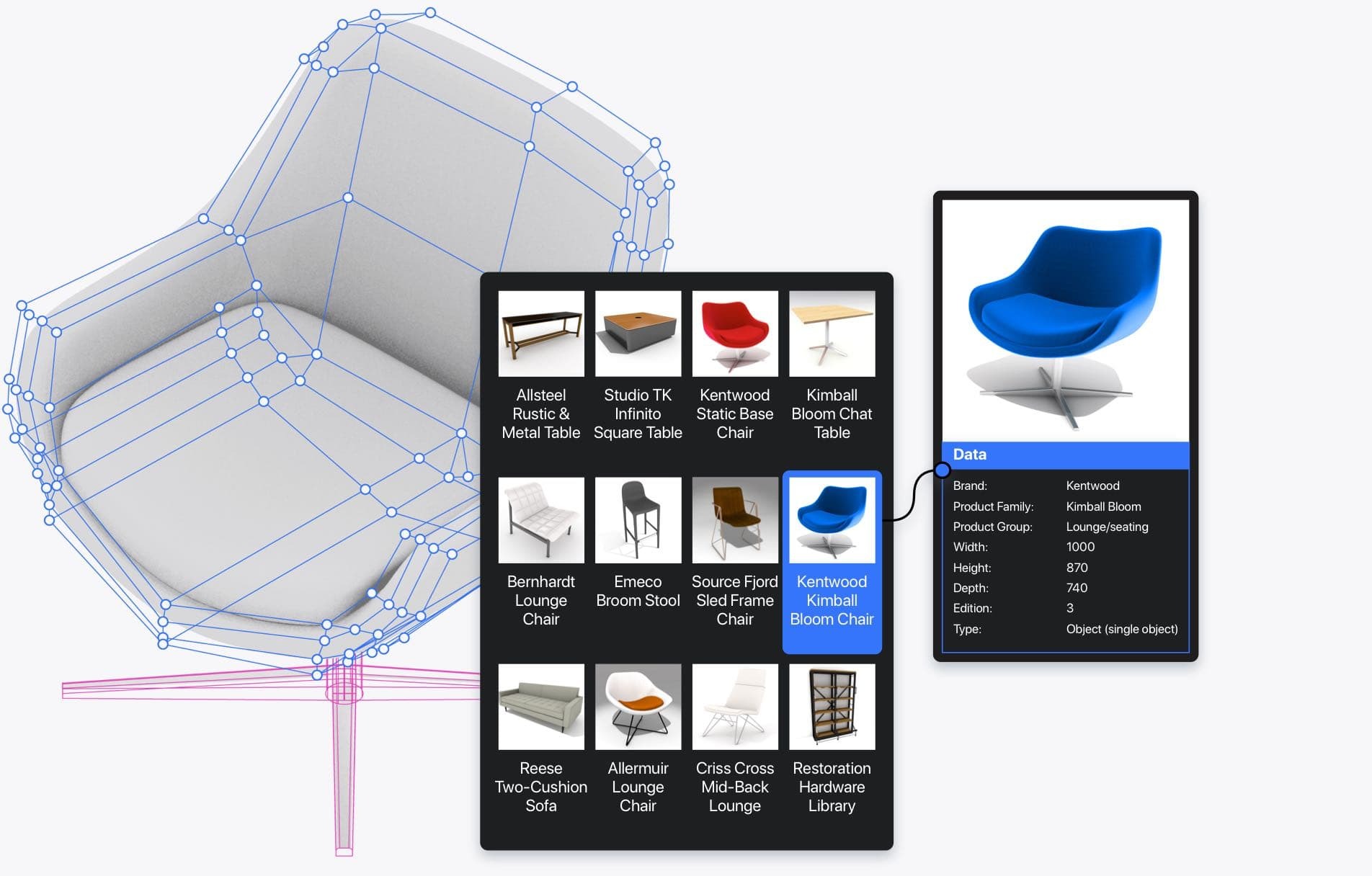 artist rendering of chairs using design software for interiors 